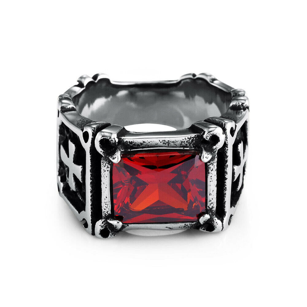 AMUSOUL Red & Black Gemstone Cross - Embellished Couple Ring: A Symbol of Faith and Style