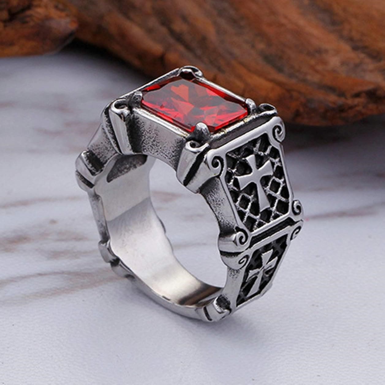 AMUSOUL Red & Black Gemstone Cross - Embellished Couple Ring: A Symbol of Faith and Style