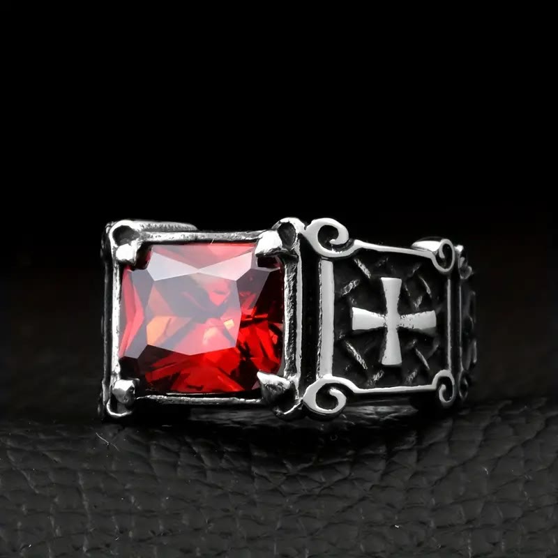 AMUSOUL Red & Black Gemstone Cross - Embellished Couple Ring: A Symbol of Faith and Style