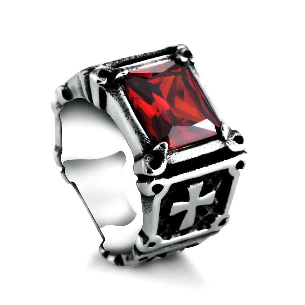 AMUSOUL Red & Black Gemstone Cross - Embellished Couple Ring: A Symbol of Faith and Style