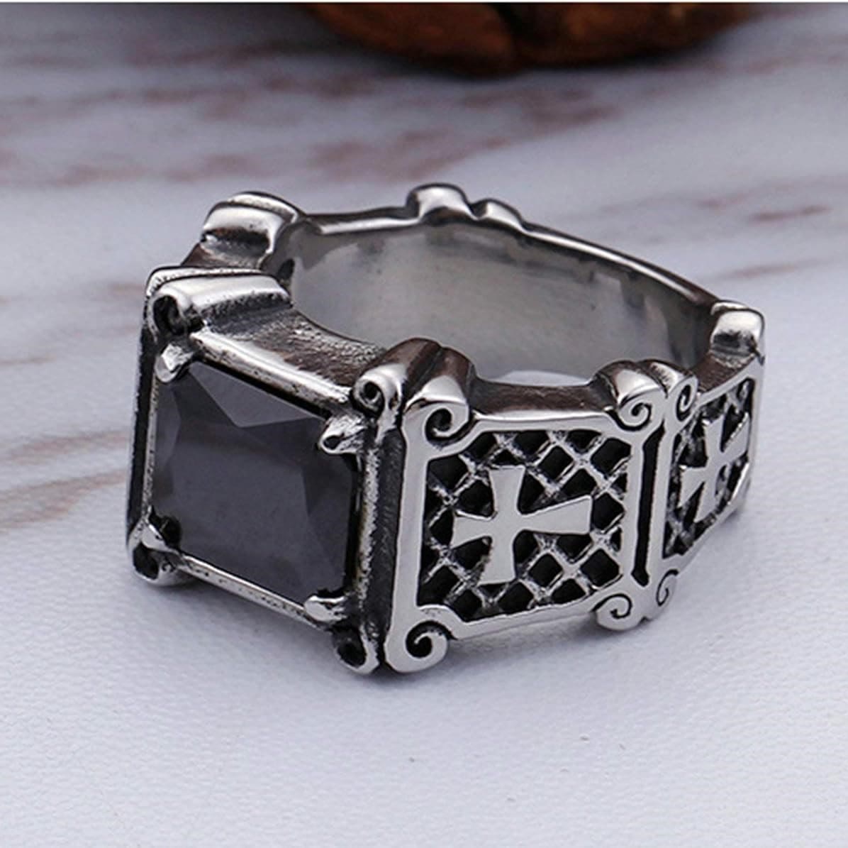 AMUSOUL Red & Black Gemstone Cross - Embellished Couple Ring: A Symbol of Faith and Style