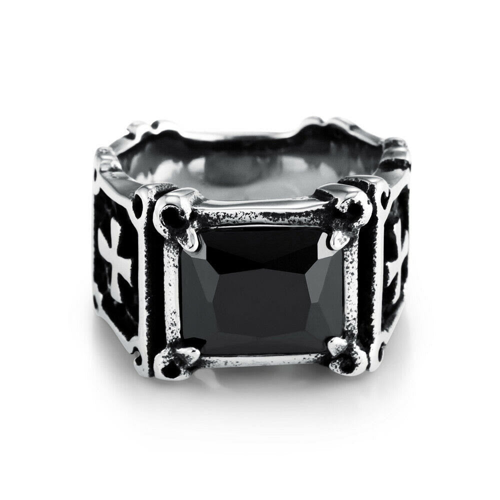 AMUSOUL Red & Black Gemstone Cross - Embellished Couple Ring: A Symbol of Faith and Style