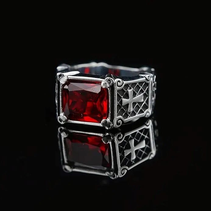 AMUSOUL Red & Black Gemstone Cross - Embellished Couple Ring: A Symbol of Faith and Style