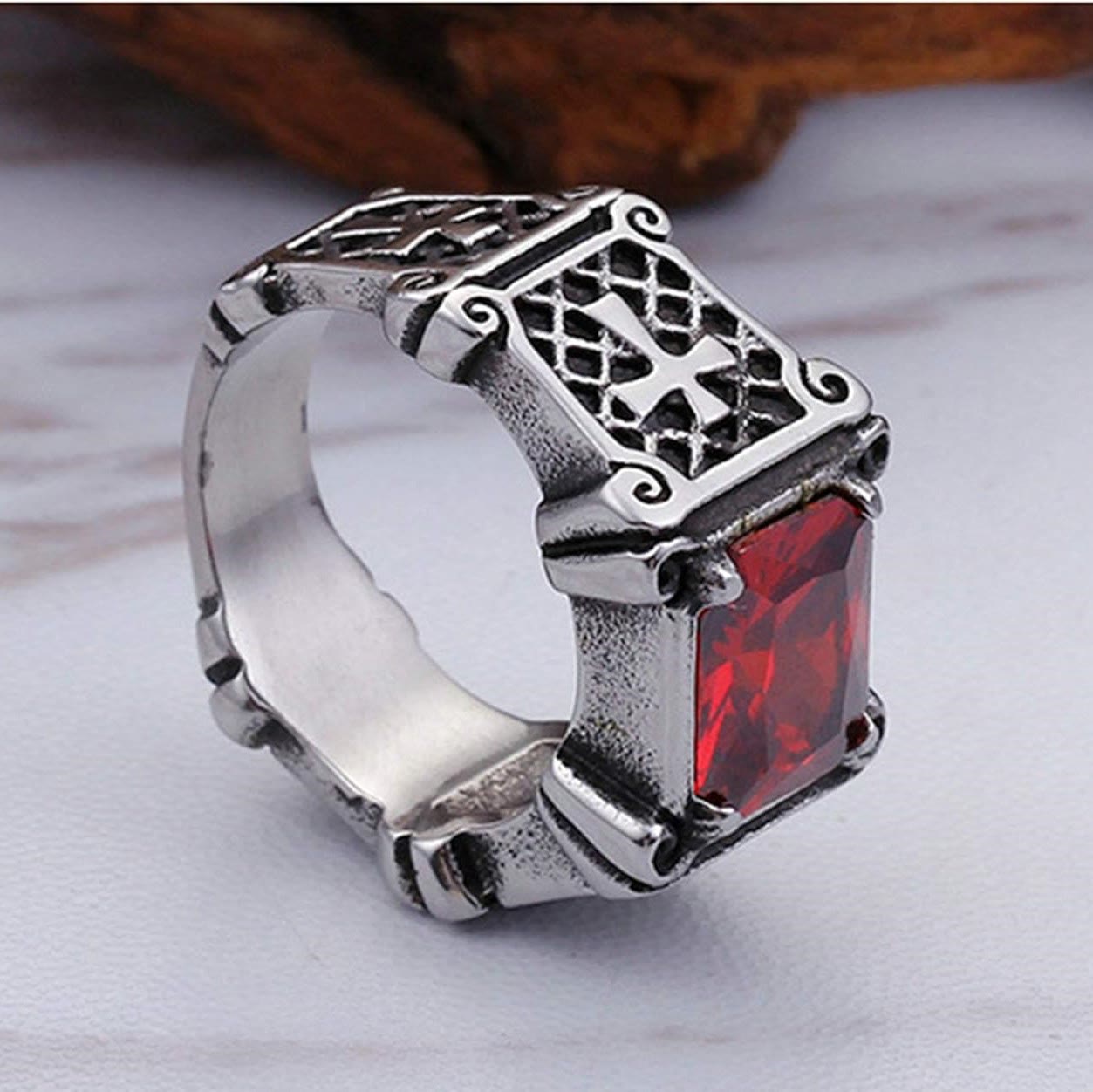 AMUSOUL Red & Black Gemstone Cross - Embellished Couple Ring: A Symbol of Faith and Style