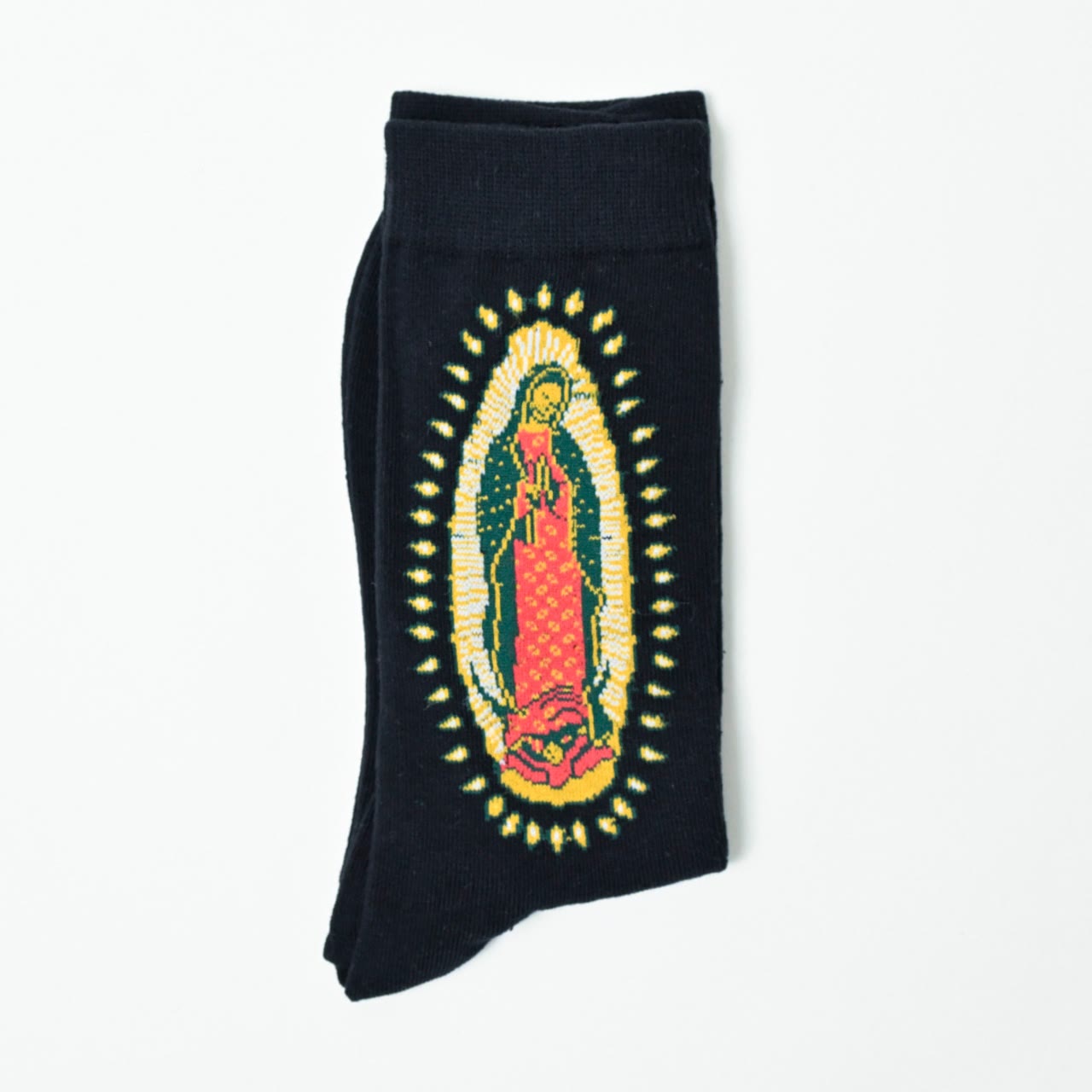 AMUSOUL Black Virgin of Guadalupe Religious Crew Socks: Retro Design. Exclusive Faith Flair