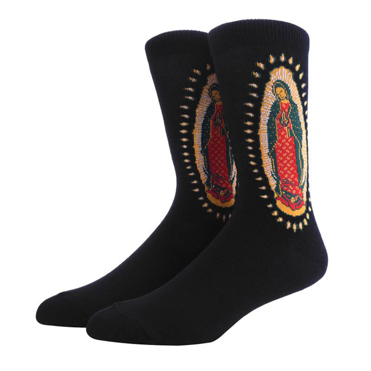 AMUSOUL Black Virgin of Guadalupe Religious Crew Socks: Retro Design. Exclusive Faith Flair