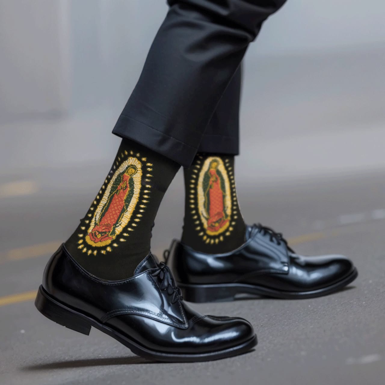 AMUSOUL Black Virgin of Guadalupe Religious Crew Socks: Retro Design. Exclusive Faith Flair