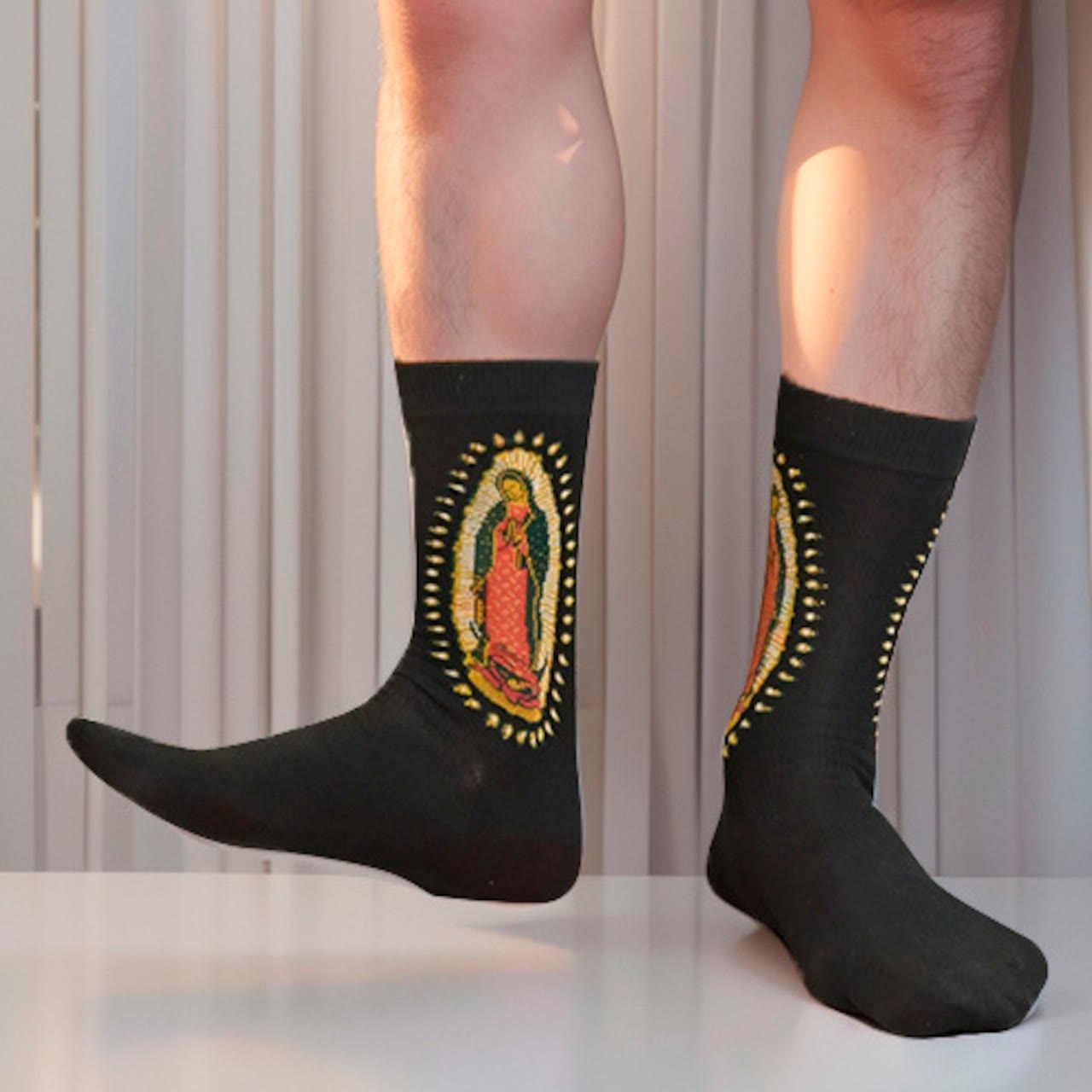 AMUSOUL Black Virgin of Guadalupe Religious Crew Socks: Retro Design. Exclusive Faith Flair