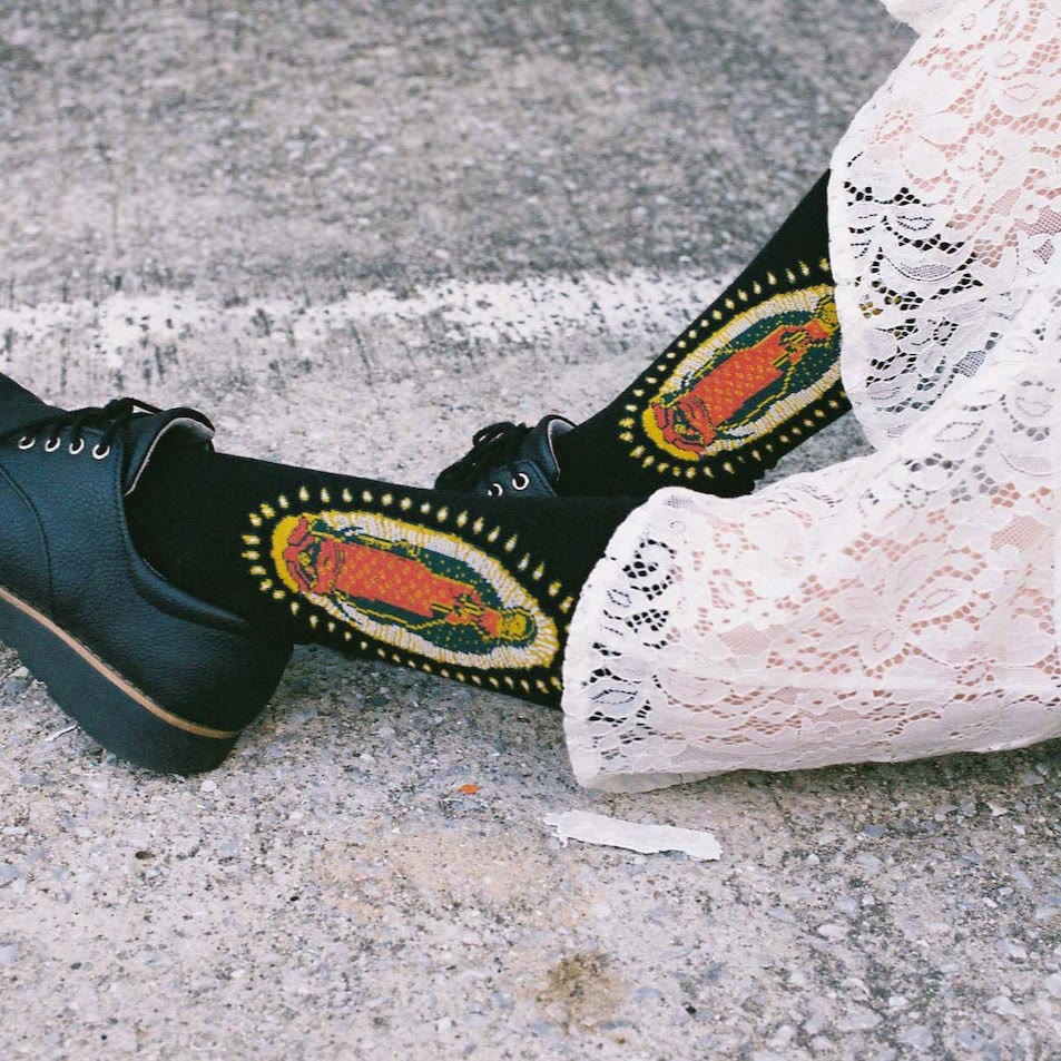 AMUSOUL Black Virgin of Guadalupe Religious Crew Socks: Retro Design. Exclusive Faith Flair