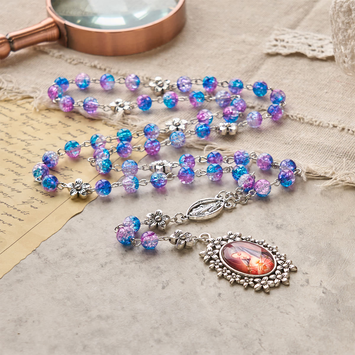 AMUSOUL Seven Sorrow of 8 mm Round Blue-Purple Gradient Rosary with Floral - Carved Our Lady of Sorrows Pendant