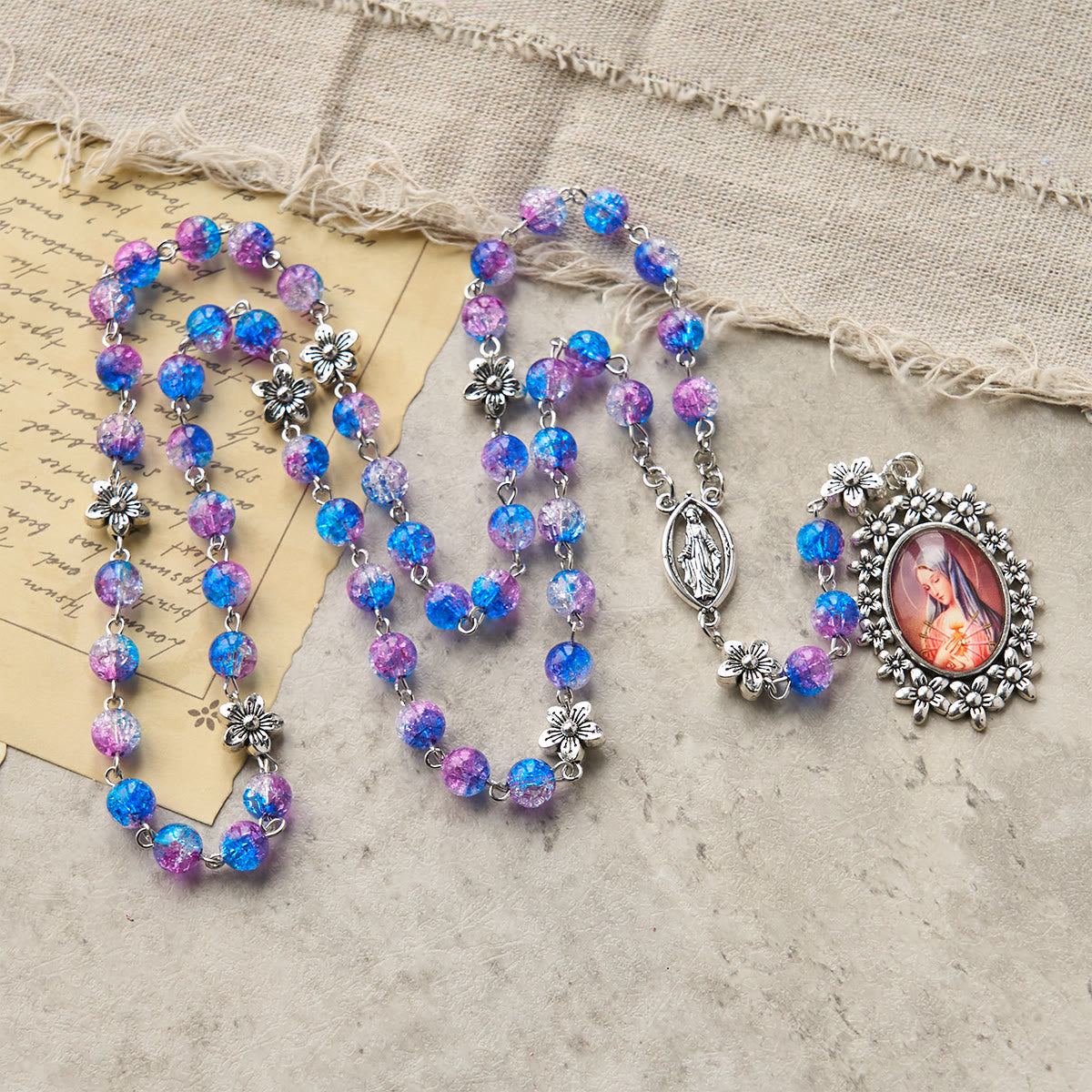 AMUSOUL Seven Sorrow of 8 mm Round Blue-Purple Gradient Rosary with Floral - Carved Our Lady of Sorrows Pendant