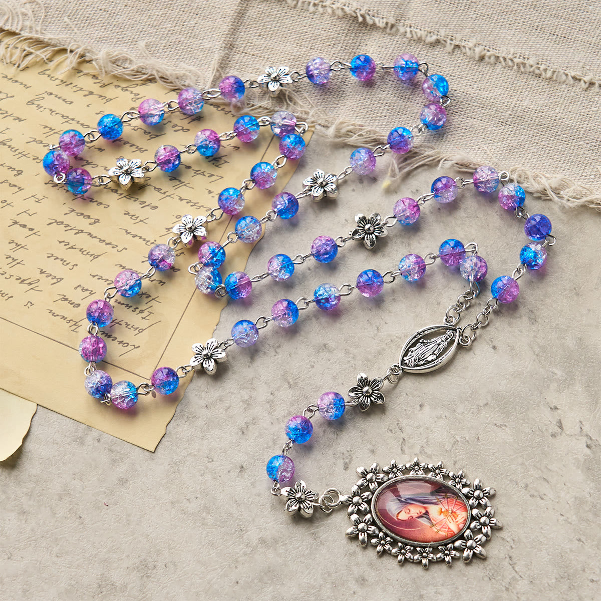 AMUSOUL Seven Sorrow of 8 mm Round Blue-Purple Gradient Rosary with Floral - Carved Our Lady of Sorrows Pendant