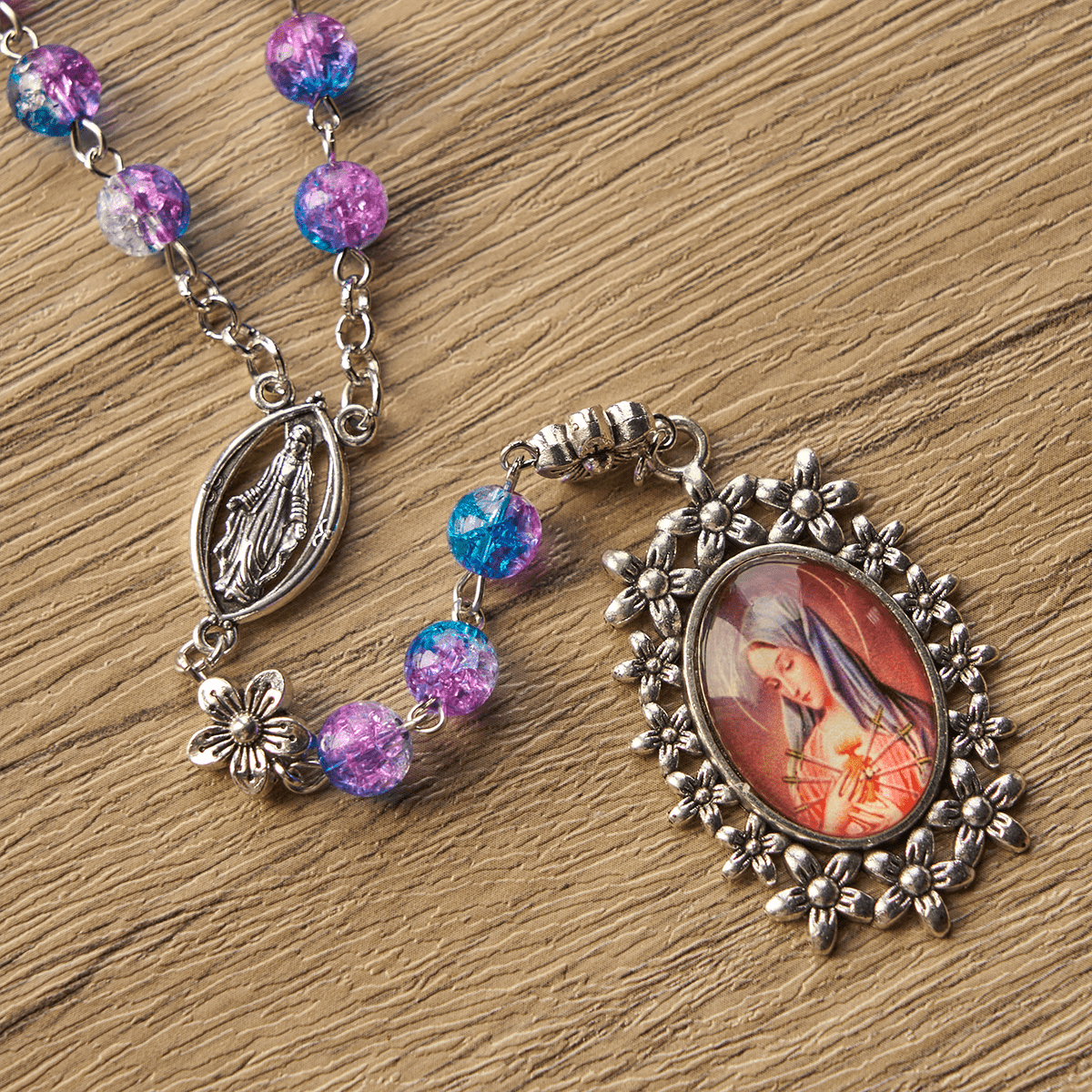 AMUSOUL Seven Sorrow of 8 mm Round Blue-Purple Gradient Rosary with Floral - Carved Our Lady of Sorrows Pendant