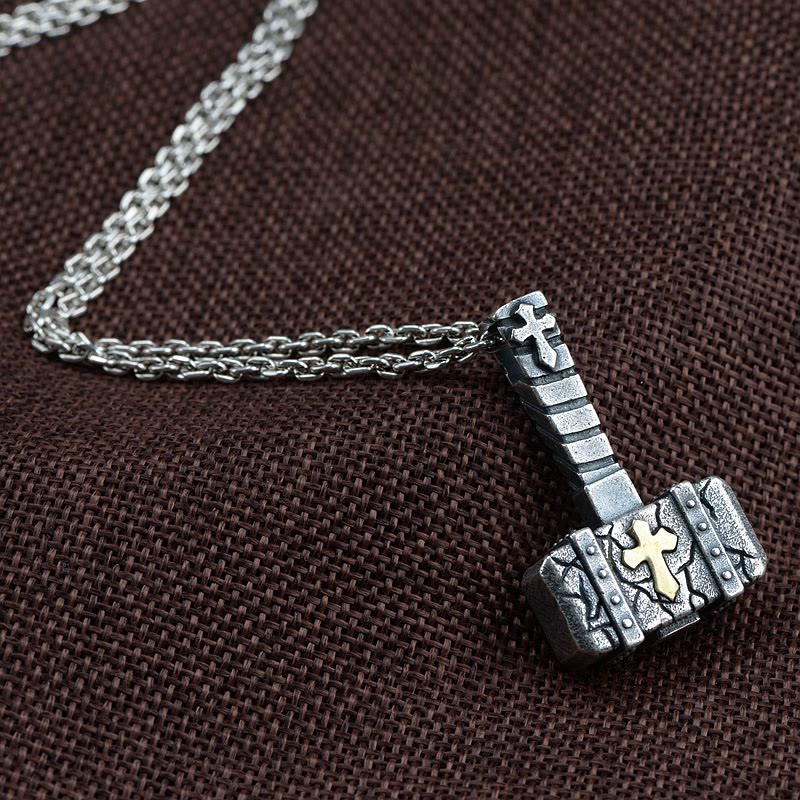 AMUSOUL Sacred 925 Silver Hammer Cross Necklace: Rugged Faith Symbol with Retro Edge