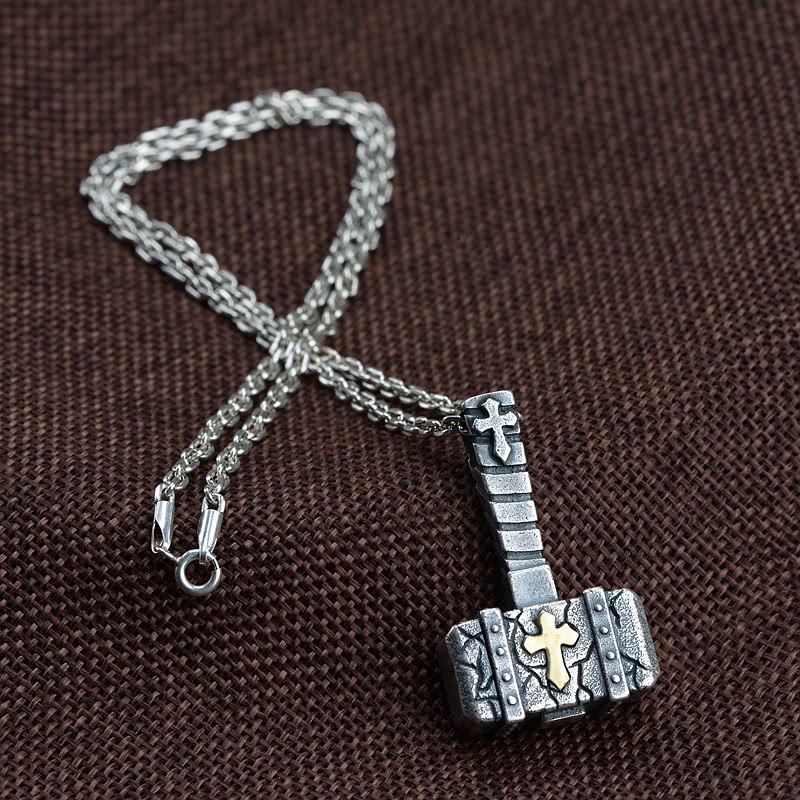 AMUSOUL Sacred 925 Silver Hammer Cross Necklace: Rugged Faith Symbol with Retro Edge
