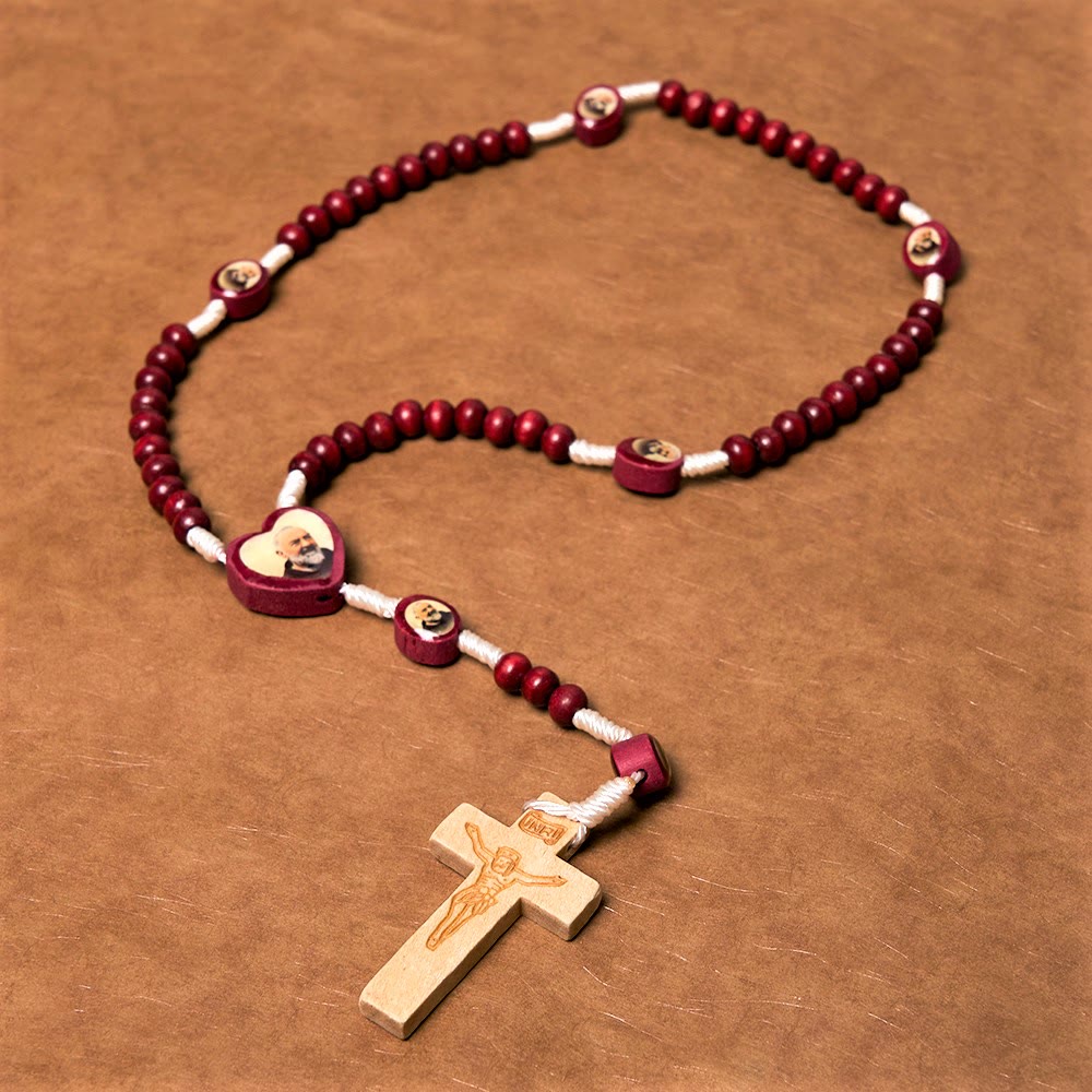 AMUSOUL Wine Red Wooden Beads Cross Virgin Mary Hand Held Rosary