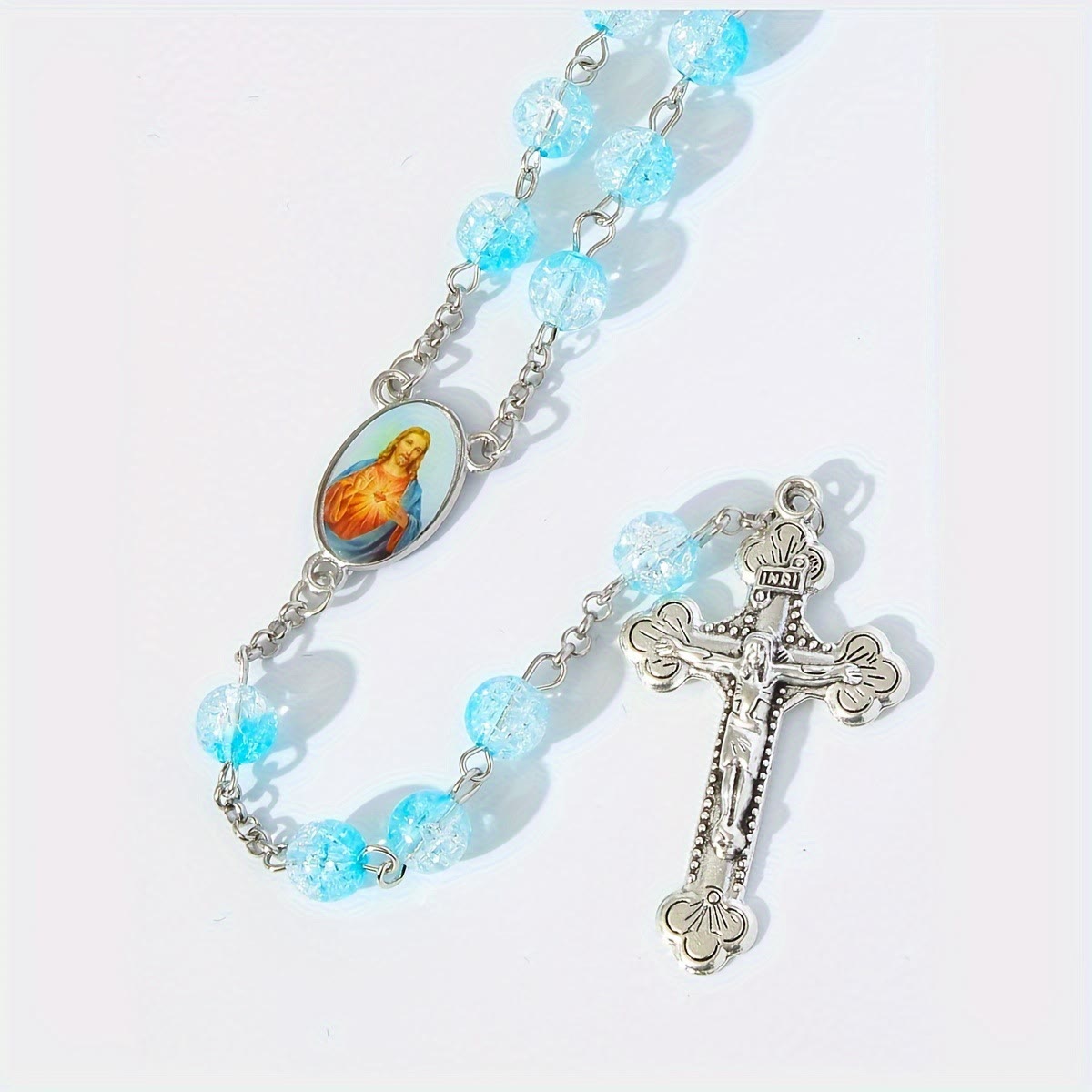 AMUSOUL Celestial Blue Glass Beads Rosary with Jesus Heart & Crucifix