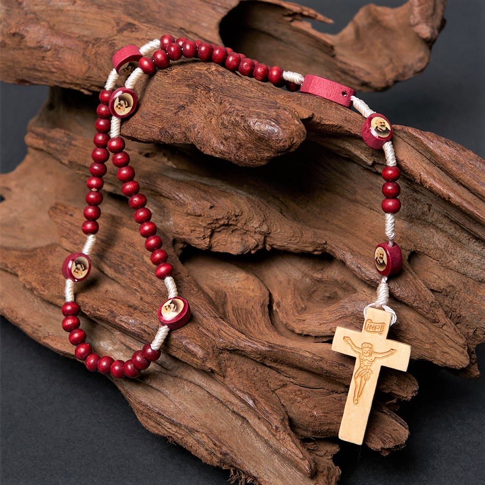 AMUSOUL Wine Red Wooden Beads Cross Virgin Mary Hand Held Rosary