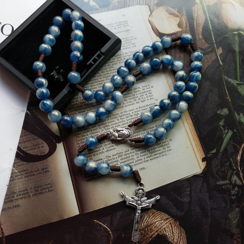 AMUSOUL Blue Beads Hand-Woven Crucifix Rosary