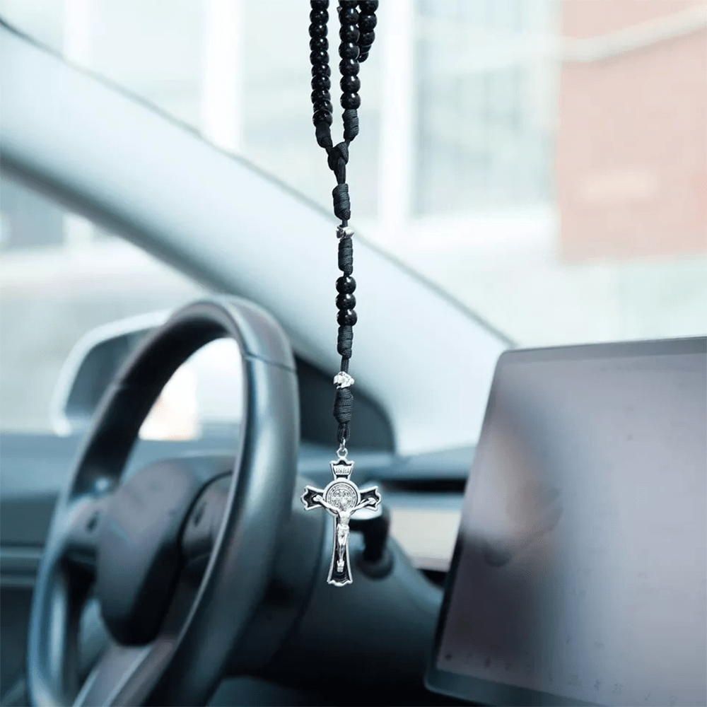 AMUSOUL Fine Crafted Black Sturdy Umbrella Cord Crucifix Rosary