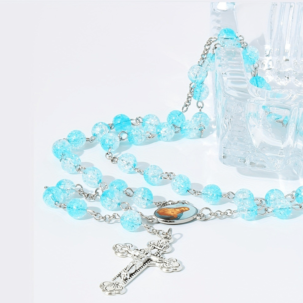 AMUSOUL Celestial Blue Glass Beads Rosary with Jesus Heart & Crucifix
