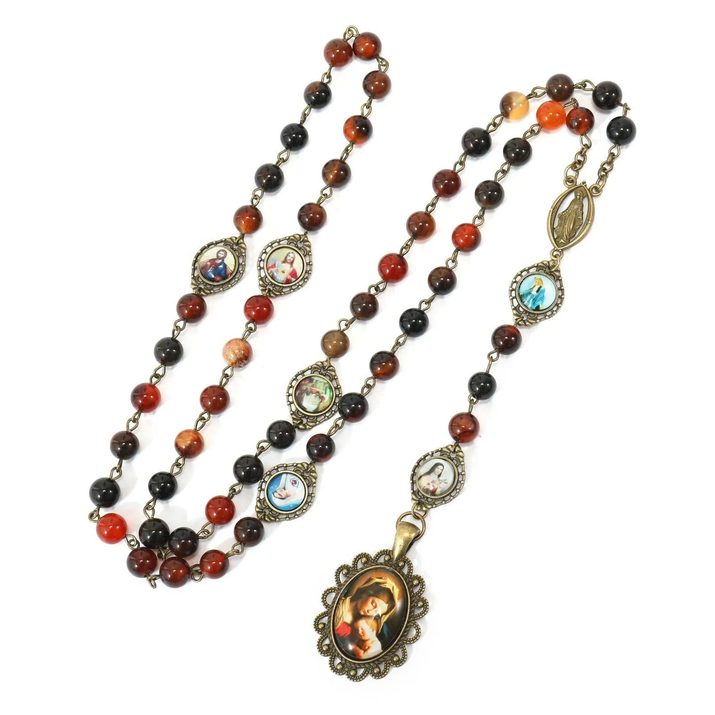 AMUSOUL Retro Agate Stone Virgin Mary Seven Sorrow Rosary