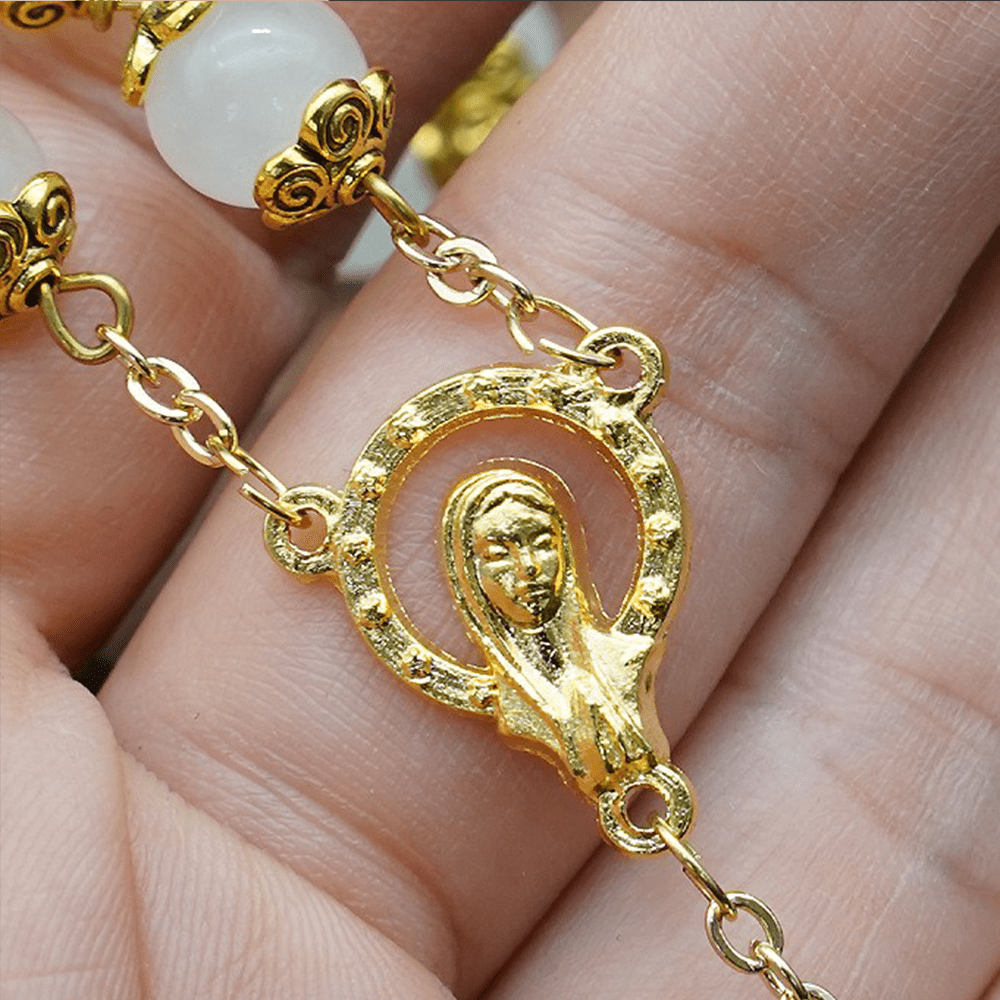 AMUSOUL Faith & Charity: Natural White Chalcedony Catholic Rosary