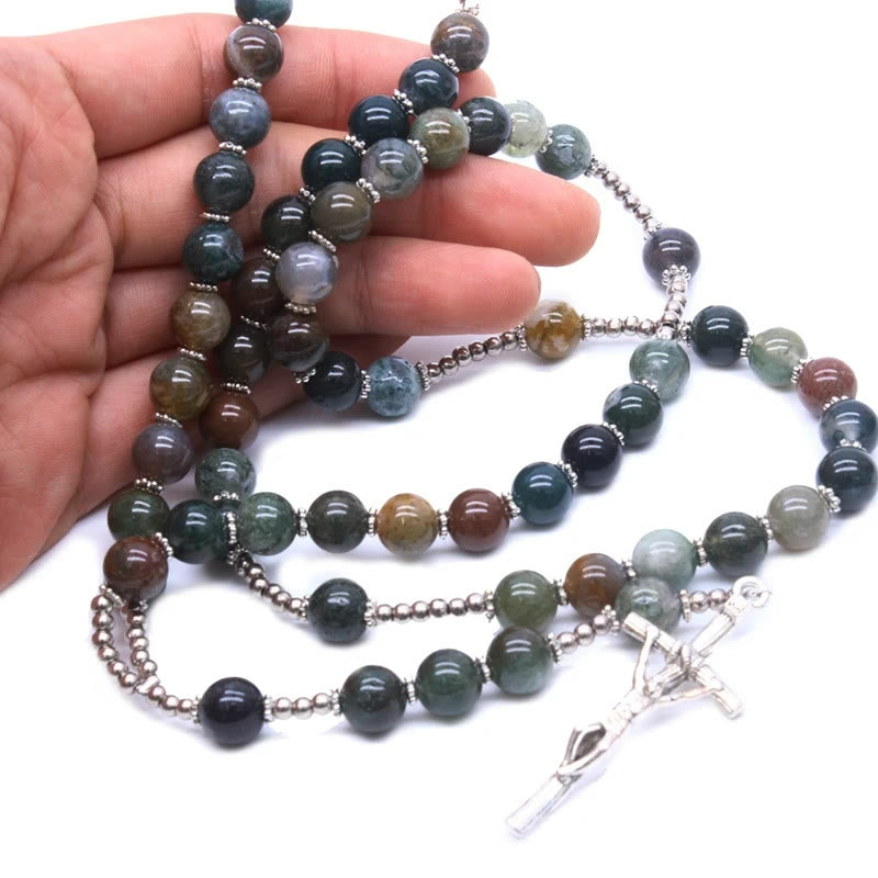AMUSOUL Natural Agate Jesus Cross Prayer Rosary