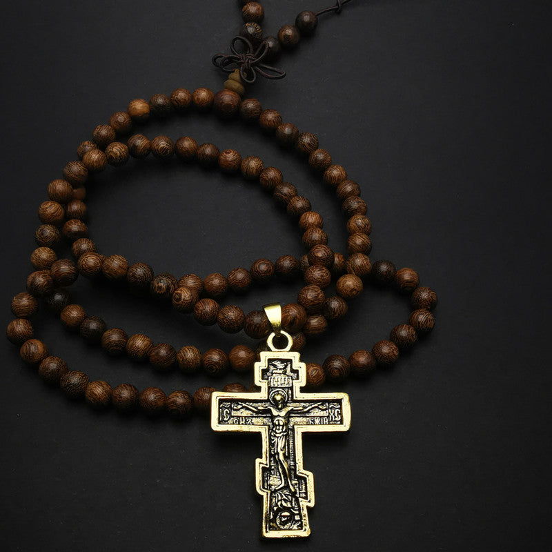 AMUSOUL Cross Pendant Olive Wood Bead Rosary