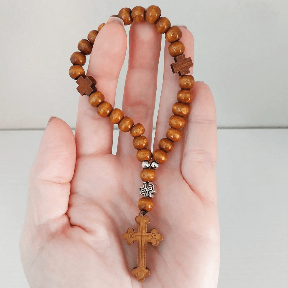 AMUSOUL Wooden Baptism Tassel Beaded Bracelet Rosary