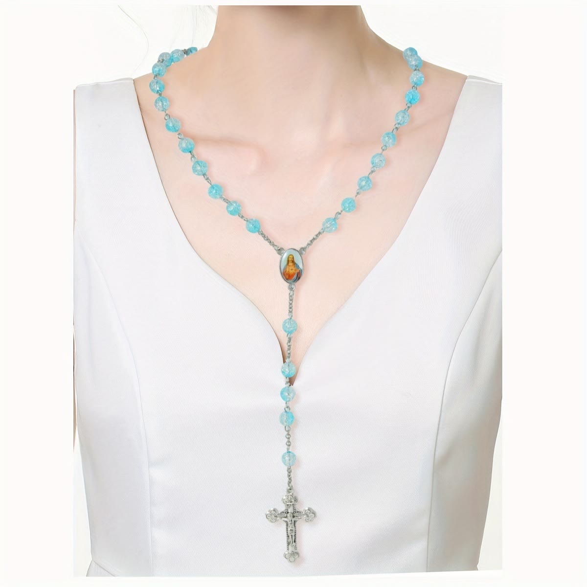 AMUSOUL Celestial Blue Glass Beads Rosary with Jesus Heart & Crucifix