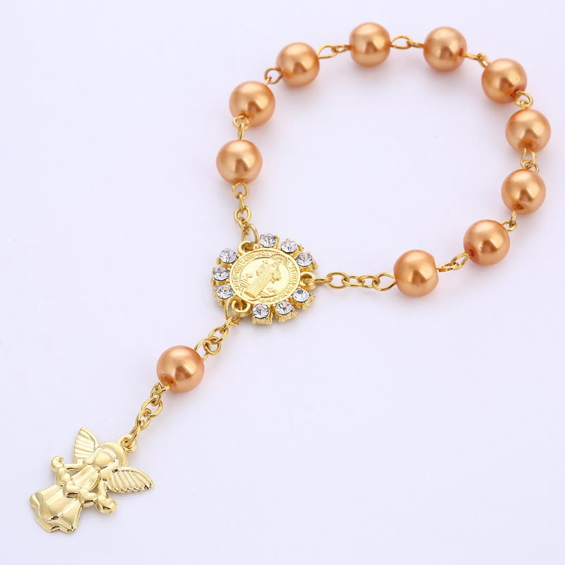 AMUSOUL 8mm Golden Angel Charm Jesus Rosary Bracelet