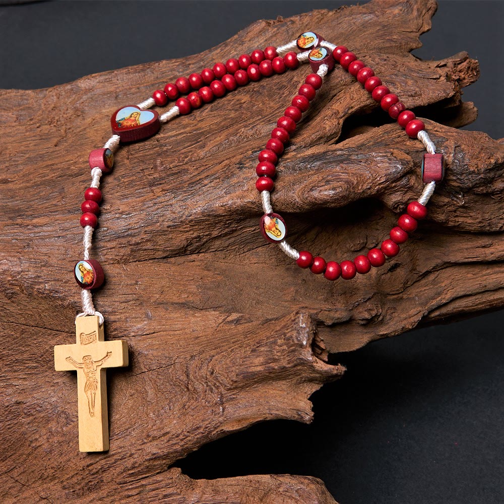 AMUSOUL Wine Red Wooden Beads Cross Virgin Mary Hand Held Rosary