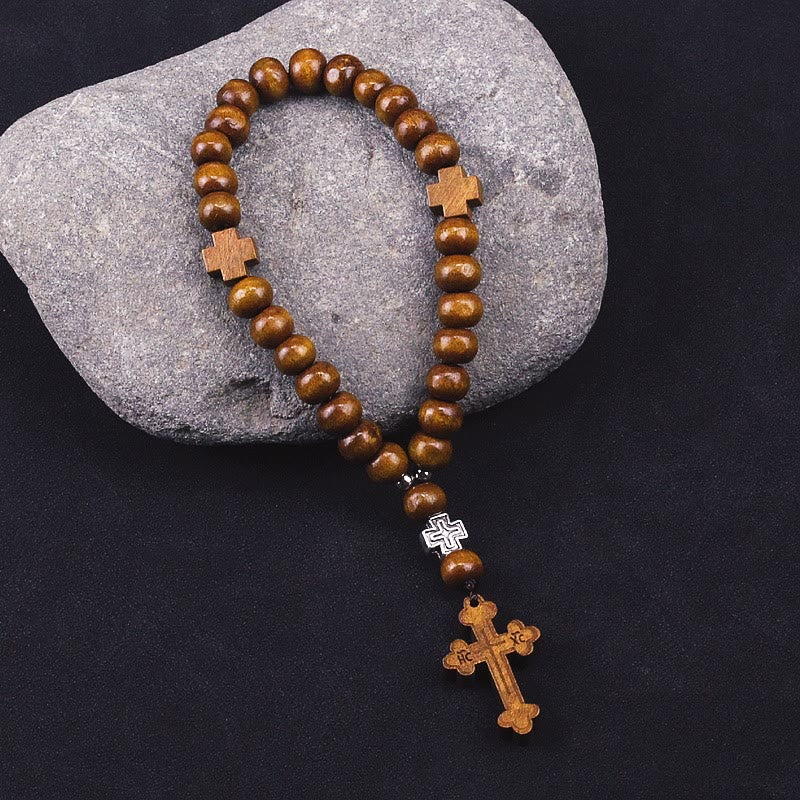AMUSOUL Wooden Baptism Tassel Beaded Bracelet Rosary