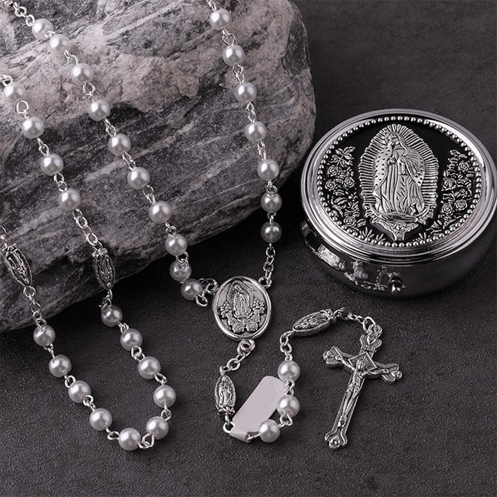 AMUSOUL Catholic Our Lady of Guadalupe White Beads Rosary