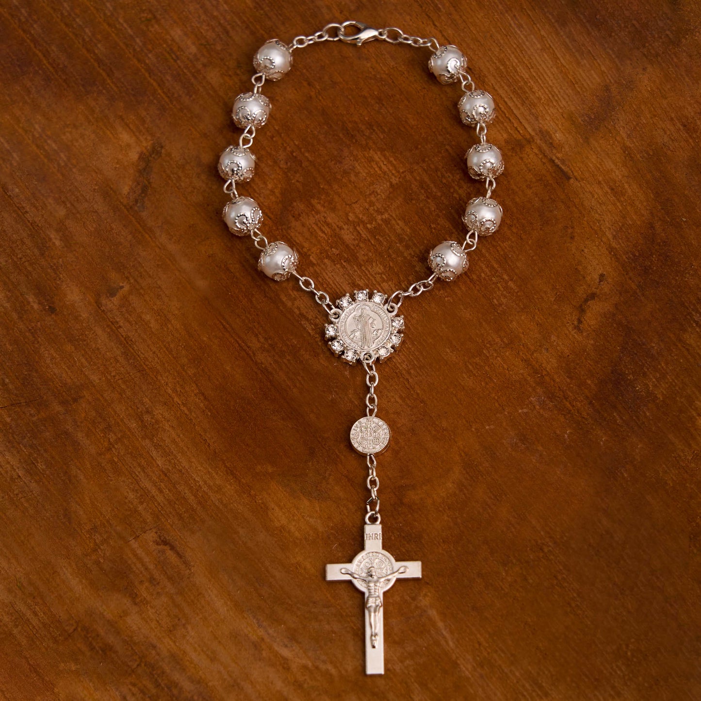 AMUSOUL Glass Beads St. Benedict & Jesus Cross Bracelet Rosary