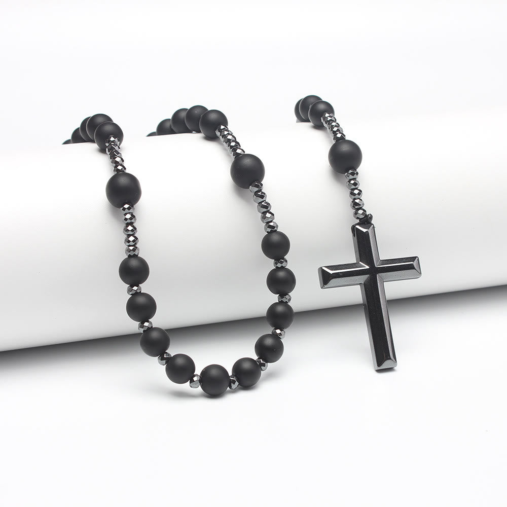 AMUSOUL Agate/Tiger's Eye Stone Cross Catholic Rosary