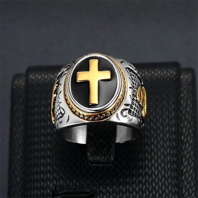 AMUSOUL Retro Cross Hand of God Titanium Religion Ring
