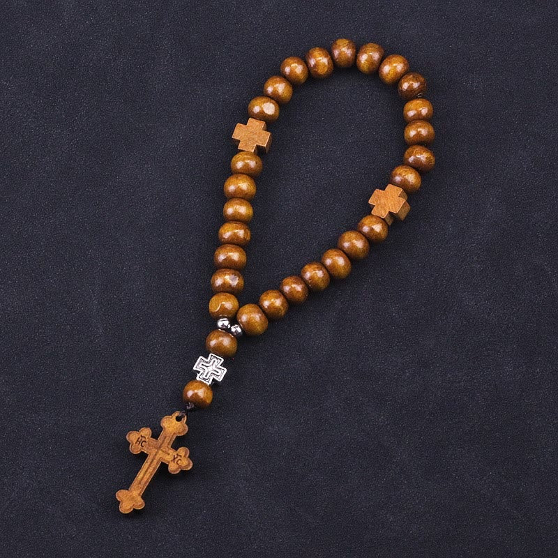 AMUSOUL Wooden Baptism Tassel Beaded Bracelet Rosary