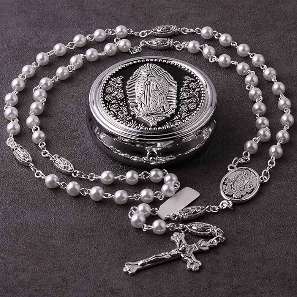 AMUSOUL Catholic Our Lady of Guadalupe White Beads Rosary