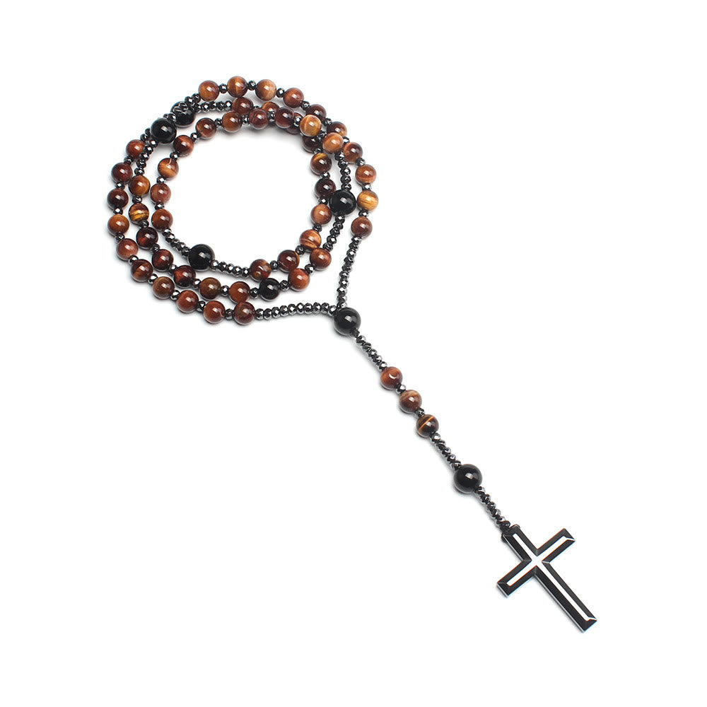 AMUSOUL Agate/Tiger's Eye Stone Cross Catholic Rosary