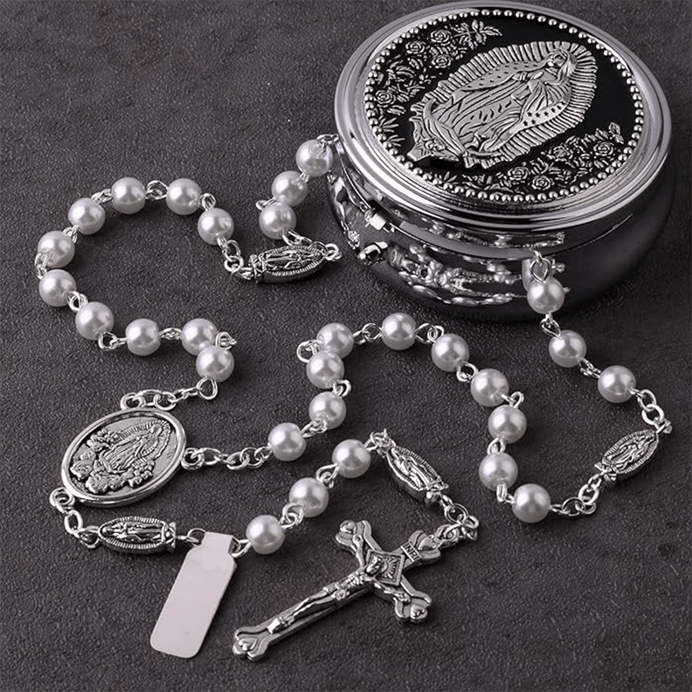 AMUSOUL Catholic Our Lady of Guadalupe White Beads Rosary