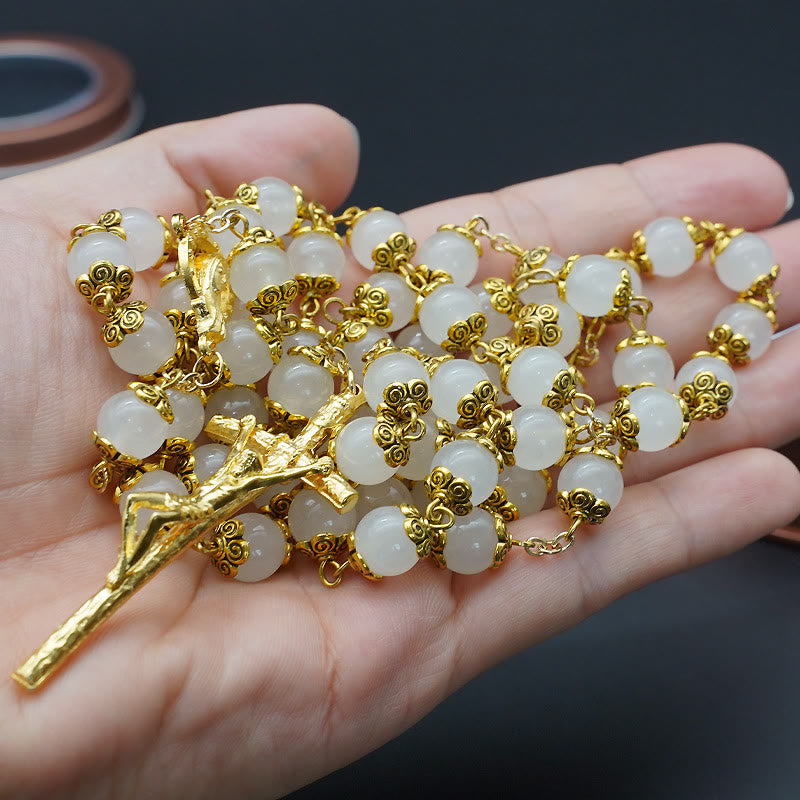 AMUSOUL Faith & Charity: Natural White Chalcedony Catholic Rosary