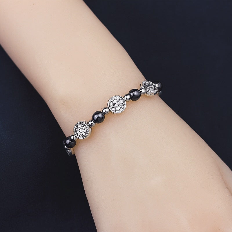 AMUSOUL Black Gallstone St. Benedict Rosary Bracelet