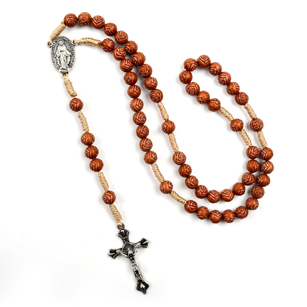 AMUSOUL Handmade Rose-Shaped Wooden Bead Rosary: Miraculous Medal & Crucifix