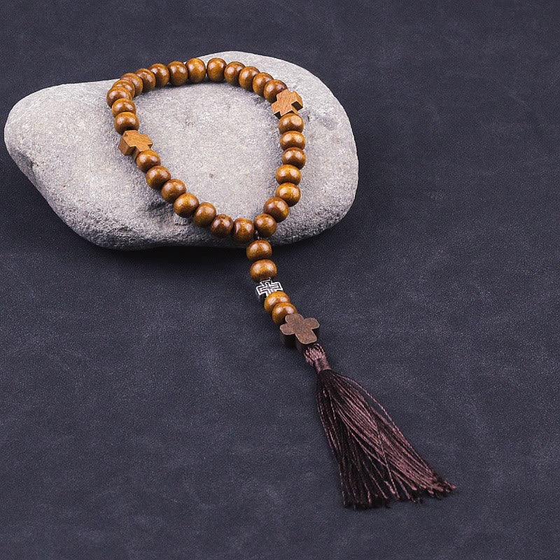 AMUSOUL Wooden Baptism Tassel Beaded Bracelet Rosary