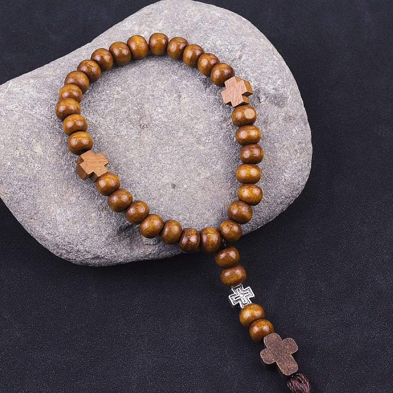 AMUSOUL Wooden Baptism Tassel Beaded Bracelet Rosary