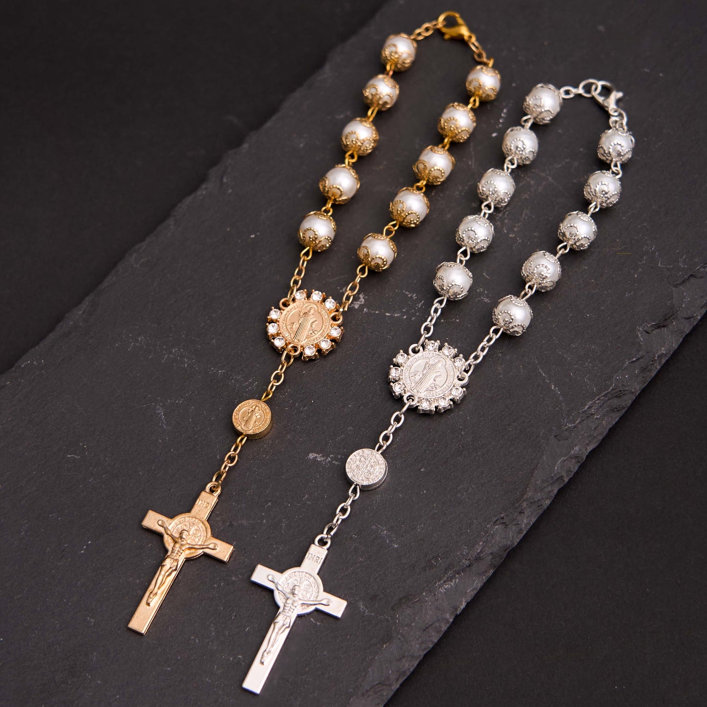 AMUSOUL Glass Beads St. Benedict & Jesus Cross Bracelet Rosary