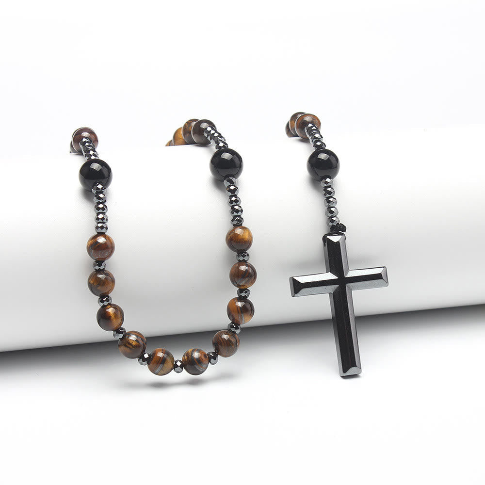 AMUSOUL Agate/Tiger's Eye Stone Cross Catholic Rosary