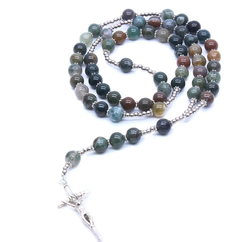 AMUSOUL Natural Agate Jesus Cross Prayer Rosary